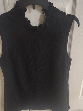 Banana Republic Black Lace Ruffle Mock Neck Sleeveless Top